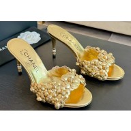 Chanel Pearl Heel 8cm Camellia Mules Gold 2024