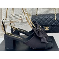 Chanel Heel 6cm Imitation Pearls Sandals G45813 Satin Black 2024