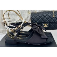 Chanel Heel 1.5cm Imitation Pearls T-Strap Sandals G45813 Satin Black 2024