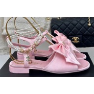 Chanel Heel 1.5cm Imitation Pearls T-Strap Sandals G45813 Satin Pink 2024