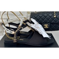 Chanel Heel 1.5cm Imitation Pearls T-Strap Sandals G45813 Satin Black/White 2024
