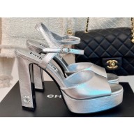 Chanel Heel 12cm Platform 4cm Sandals Calfskin Silver 2024