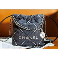 Chanel Stitched Denim & Silver-Tone Metal CHANEL 22 Mini Handbag AS3980 Black