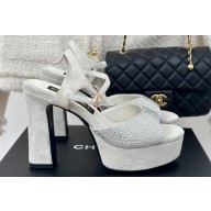 Chanel Heel 12cm Platform 4cm Sandals Suede White/Crystals 2024