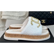 Chanel Gold Pearl CC Logo Mules Tweed White 02 2024