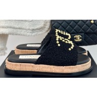 Chanel Gold Pearl CC Logo Mules Tweed Black 02 2024