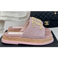 Chanel Gold Pearl CC Logo Mules Tweed Pink 2024