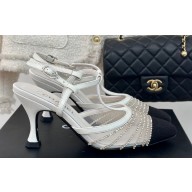 Chanel Heel 8.5cm Crystal Mesh Slingbacks Leather White 2024