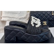 Chanel Heel 7cm Pearl CC Logo Platform Mules Raffia Black 2024