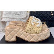 Chanel Heel 7cm Pearl CC Logo Platform Mules Raffia Beige 2024