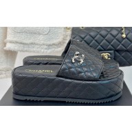 Chanel Pearl and Crystal Gold CC Logo Platform Mules Quilting Leather Black 2024