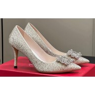 Roger Vivier Heel 8.5cm Flower Strass Buckle Pumps Crystals Silver 2024