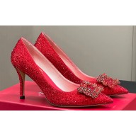 Roger Vivier Heel 8.5cm Flower Strass Buckle Pumps Crystals Red 2024