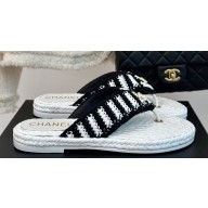 Chanel CC Logo Braided Striped Thong Sandals Knit Black/White 2024