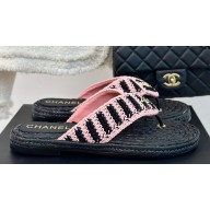 Chanel CC Logo Braided Striped Thong Sandals Knit Black/Pink 2024