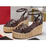 Valentino Heel 11cm Platform 4cm Raflower Wedge Sandals Espadrilles in calfskin leather Coffee 2024