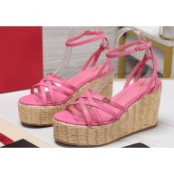 Valentino Heel 11cm Platform 4cm Raflower Wedge Sandals Espadrilles in calfskin leather Pink 2024