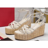 Valentino Heel 11cm Platform 4cm Raflower Wedge Sandals Espadrilles in calfskin leather White 2024