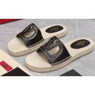Valentino Vlogo Cut-Out Slide Sandals Espadrilles in calfskin leather Black 2024