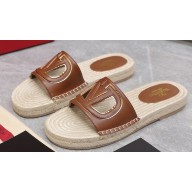 Valentino Vlogo Cut-Out Slide Sandals Espadrilles in calfskin leather Brown 2024