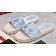 Valentino Vlogo Cut-Out Slide Sandals Espadrilles in calfskin leather Blue 2024