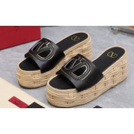 Valentino Heel 8.5cm Platform 5.5cm Vlogo Cut-Out Slide Wedge Sandals Espadrilles in calfskin leather Black 2024