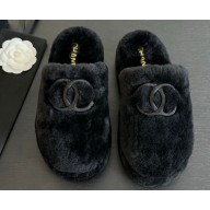 Chanel Platform CC Logo Shearling Fur Mules Black 2024