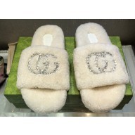 Gucci Crystal GG Shearling Fur Slide Sandals White 2024