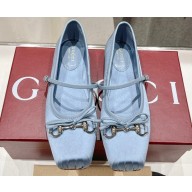 Gucci Satin Horsebit Ballet Flats with Bow Light Blue 2024