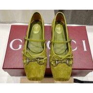 Gucci Satin Horsebit Ballet Flats with Bow Olive Green 2024