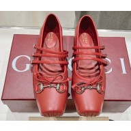 Gucci Leather Horsebit Ballet Flats with Bow Red 2024