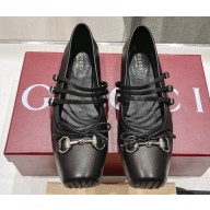 Gucci Leather Horsebit Ballet Flats with Bow Black 2024