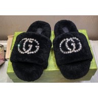 Gucci Crystal GG Shearling Fur Slide Sandals Black 2024