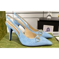Gucci Heel 10.5cm Women's Horsebit slingback pumps 782408 in GG Blue 2024