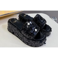 Fendi Heel 6cm Platform 3.5cm Sequins Slides Black 2024