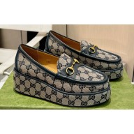 Gucci Heel 5cm Women's Horsebit wedge loafers 794316 in GG canvas Blue 2024