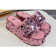 Fendi Heel 6cm Platform 3.5cm Sequins Slides Pink 2024