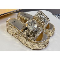 Fendi Heel 6cm Platform 3.5cm Sequins Slides Gold 2024