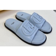 Fendi Calfskin Leather FF Slides Light Blue 2024