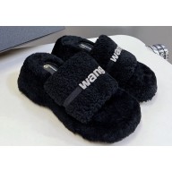 Alexander Wang Heel 5cm Crystal Logo platform Shearling Fur slides Black 2024