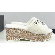 Chanel Platform Pearl and Crystal CC Logo Shearling Mules White 2024