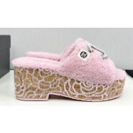 Chanel Platform Pearl and Crystal CC Logo Shearling Mules Pink 2024