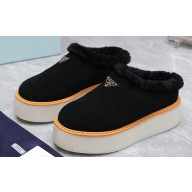 Prada Shearling Suede Cozy Platform Mules Black 2024