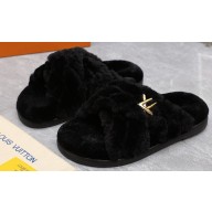 Louis Vuitton Shearling cross-over straps LV Bliss Comfort Mules Black 2024