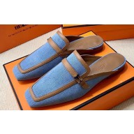 Hermes Groupie mules in denim Blue and calfskin with miniature permabrass-plated Paris buckle (original quality)