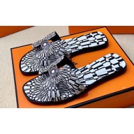 Hermes Oran Sandals in Calfskin Leather Print White/Black (original quality)