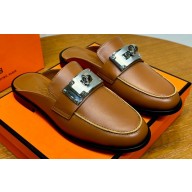 Hermes Iota mules in calfskin Brown with iconic oversized Kelly buckle (original quality)