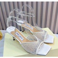 JIMMY CHOO  HEEL  6.5CM Saeda White crystal-embellished leather sandals 2024