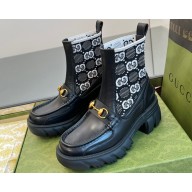 Gucci Heel 6cm Women's Horsebit ankle boots with GG jersey Black/White 2024