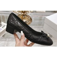 Dior Heel 5cm Ballet Pumps with Grosgrain bow and Pearl in Quilted Cannage Calfskin Black 2024